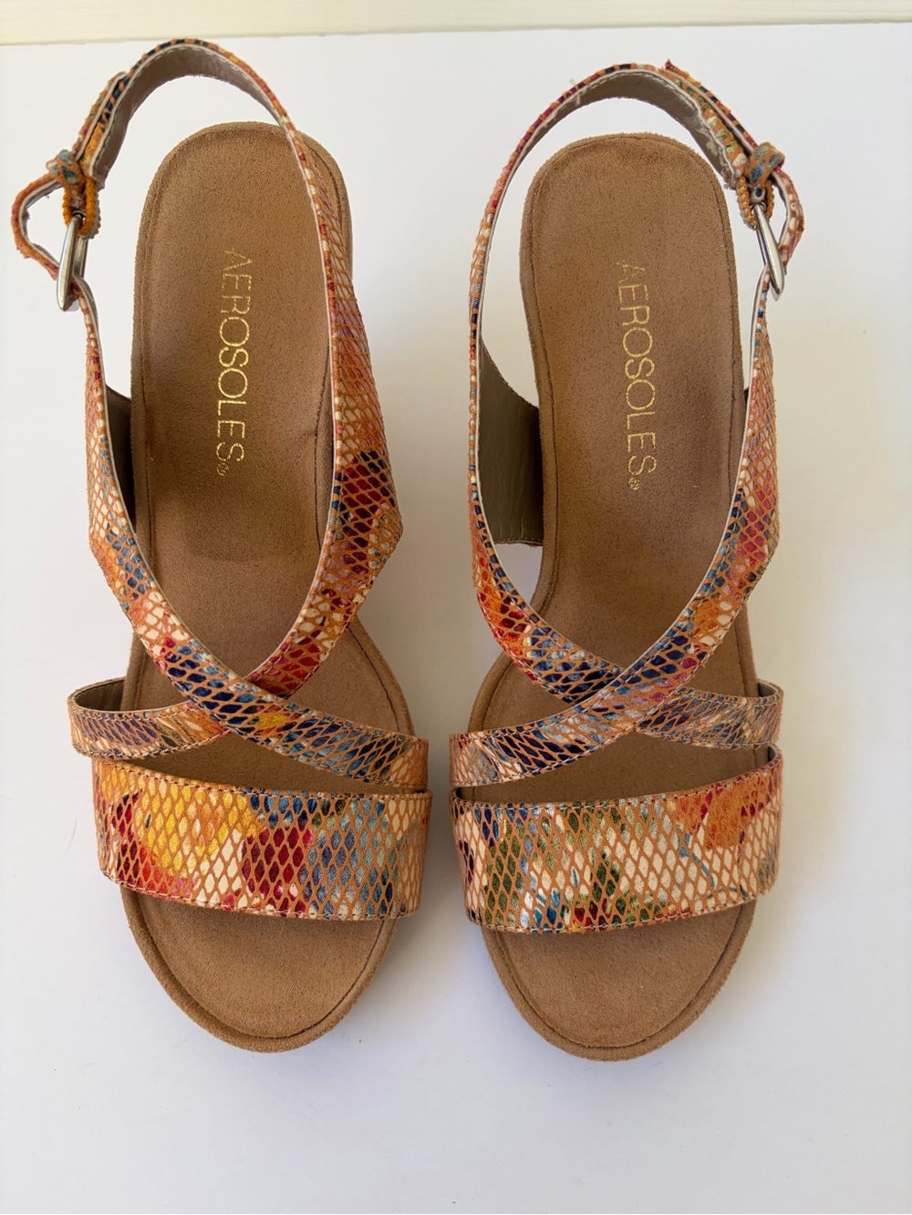 New Aerosoles Plushed Together Faux Snakeskin Cork Wedge Sandals Size 5.5